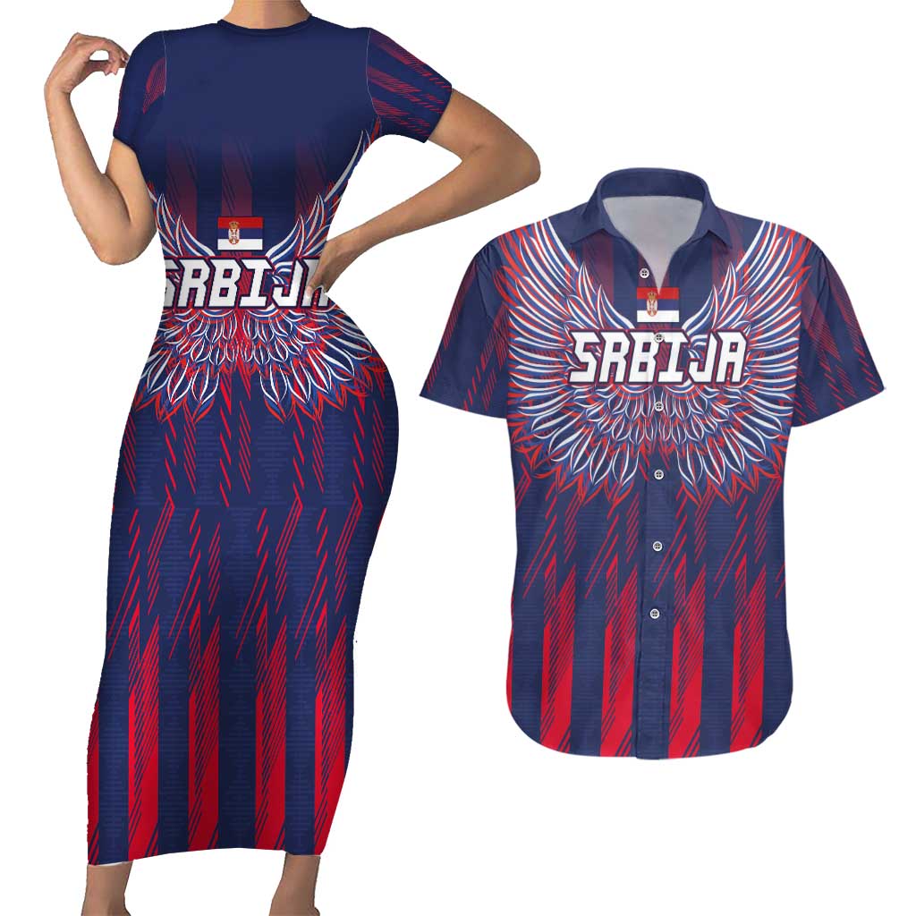 Custom Serbia Sport Fan Jersey Couples Matching Short Sleeve Bodycon Dress and Hawaiian Shirt Eagle Wings with Sporty Stripes Style - Wonder Print Shop