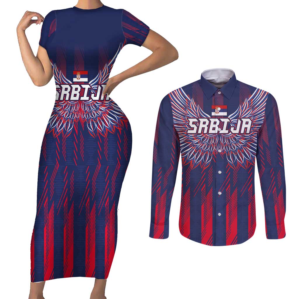 Custom Serbia Sport Fan Jersey Couples Matching Short Sleeve Bodycon Dress and Long Sleeve Button Shirt Eagle Wings with Sporty Stripes Style - Wonder Print Shop