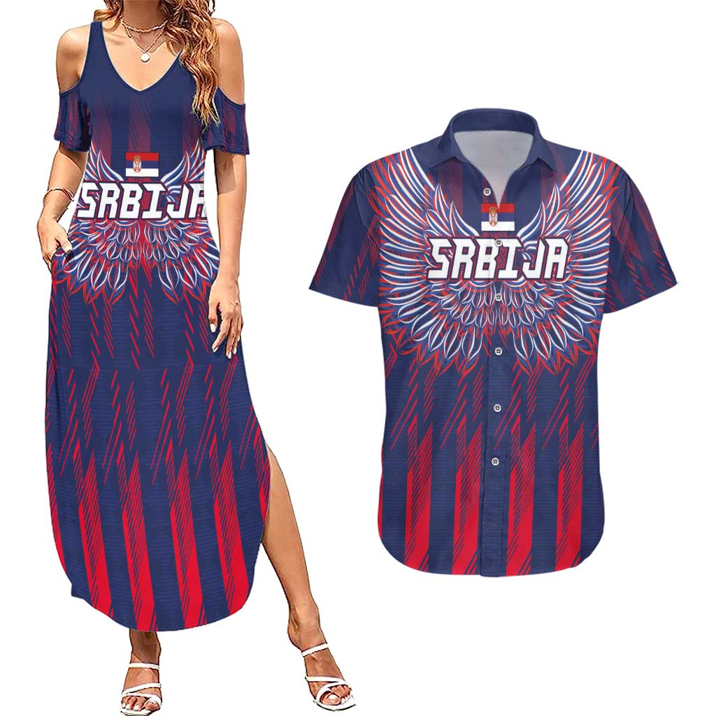 Custom Serbia Sport Fan Jersey Couples Matching Summer Maxi Dress and Hawaiian Shirt Eagle Wings with Sporty Stripes Style - Wonder Print Shop