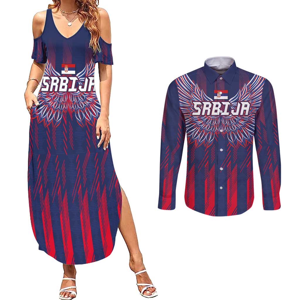 Custom Serbia Sport Fan Jersey Couples Matching Summer Maxi Dress and Long Sleeve Button Shirt Eagle Wings with Sporty Stripes Style - Wonder Print Shop