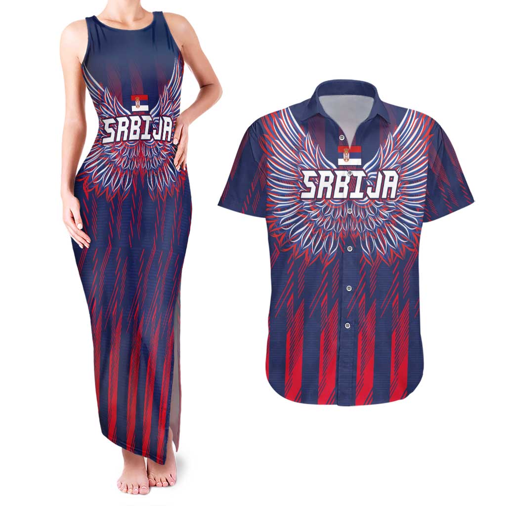 Custom Serbia Sport Fan Jersey Couples Matching Tank Maxi Dress and Hawaiian Shirt Eagle Wings with Sporty Stripes Style - Wonder Print Shop