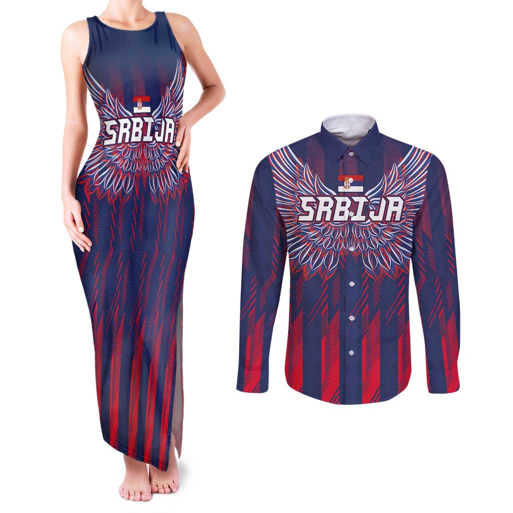 Custom Serbia Sport Fan Jersey Couples Matching Tank Maxi Dress and Long Sleeve Button Shirt Eagle Wings with Sporty Stripes Style - Wonder Print Shop