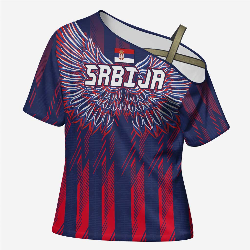 Custom Serbia Sport Fan Jersey Cross Shoulder Shirt Eagle Wings with Sporty Stripes Style - Wonder Print Shop