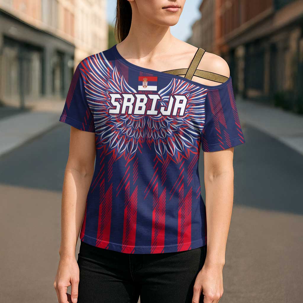 Custom Serbia Sport Fan Jersey Cross Shoulder Shirt Eagle Wings with Sporty Stripes Style - Wonder Print Shop