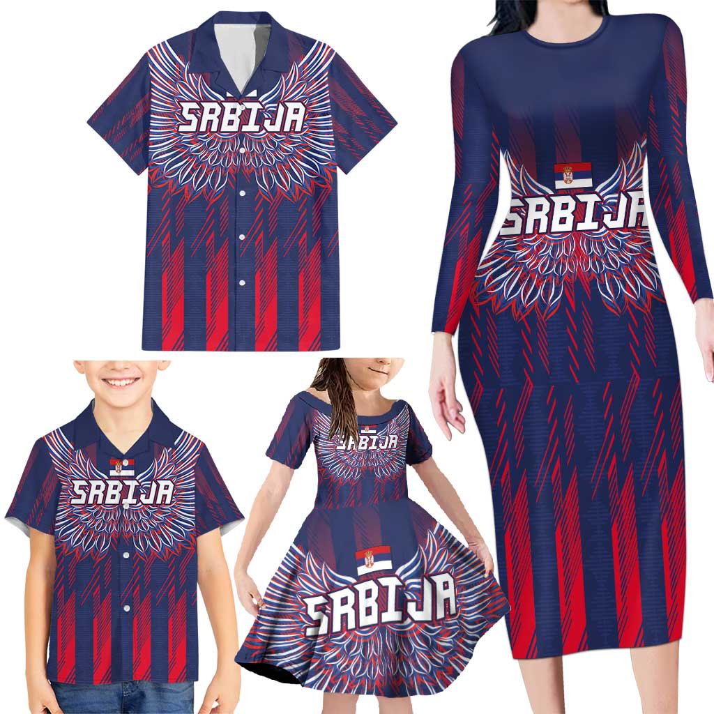 Custom Serbia Sport Fan Jersey Family Matching Long Sleeve Bodycon Dress and Hawaiian Shirt Eagle Wings with Sporty Stripes Style - Wonder Print Shop