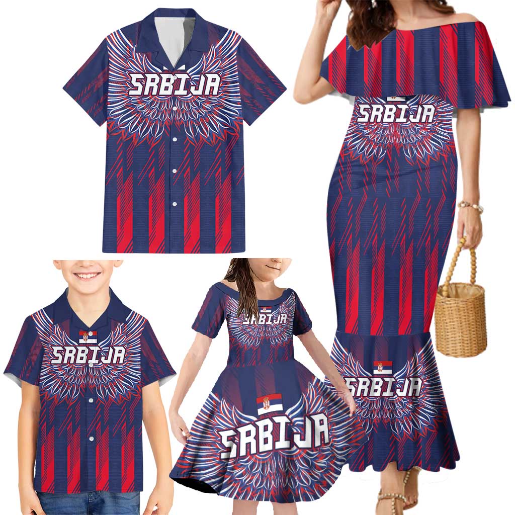 Custom Serbia Sport Fan Jersey Family Matching Mermaid Dress and Hawaiian Shirt Eagle Wings with Sporty Stripes Style - Wonder Print Shop