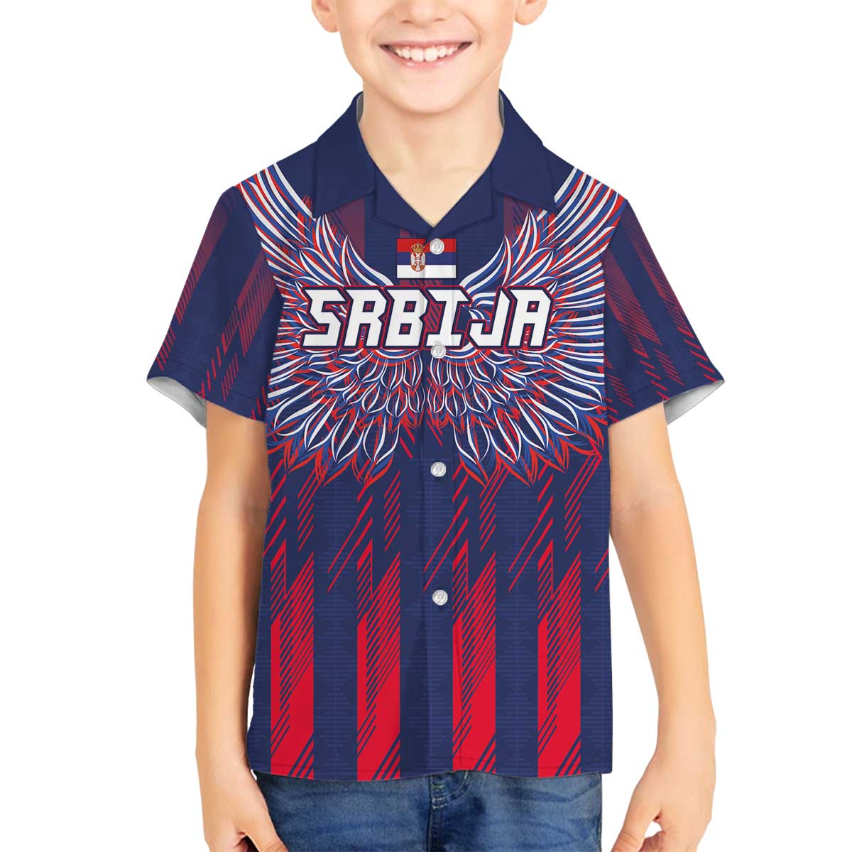 Custom Serbia Sport Fan Jersey Family Matching Off The Shoulder Long Sleeve Dress and Hawaiian Shirt Eagle Wings with Sporty Stripes Style - Wonder Print Shop