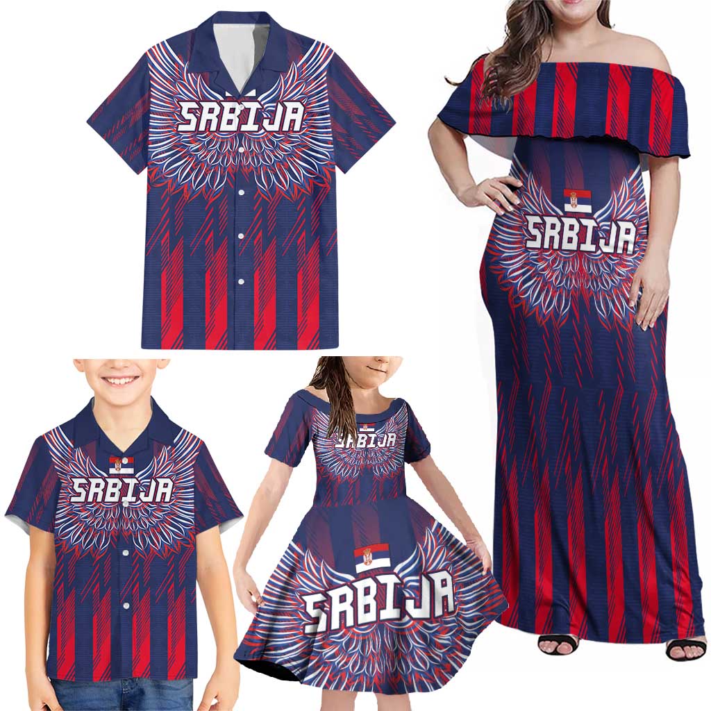 Custom Serbia Sport Fan Jersey Family Matching Off Shoulder Maxi Dress and Hawaiian Shirt Eagle Wings with Sporty Stripes Style - Wonder Print Shop