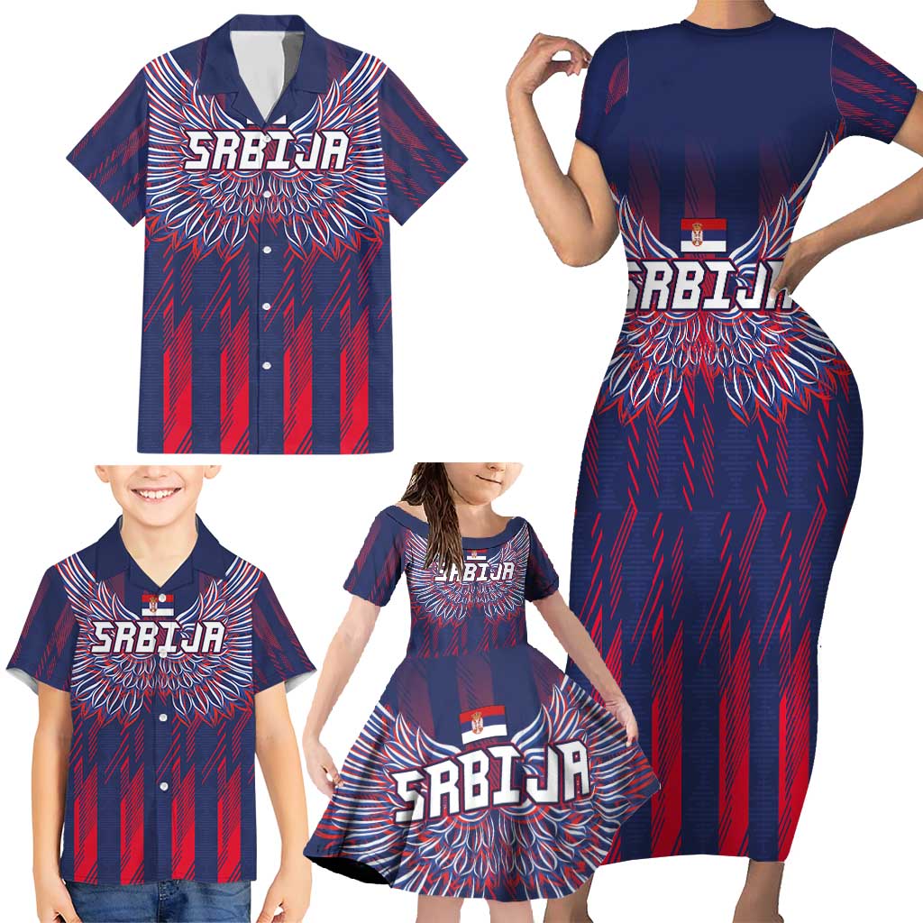 Custom Serbia Sport Fan Jersey Family Matching Short Sleeve Bodycon Dress and Hawaiian Shirt Eagle Wings with Sporty Stripes Style - Wonder Print Shop