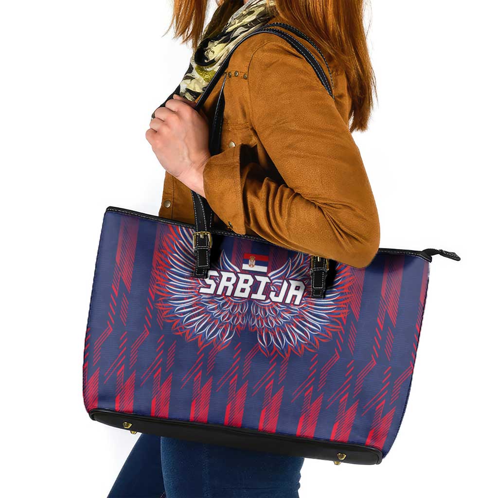 Serbia Sport Fan Jersey Leather Tote Bag Eagle Wings with Sporty Stripes Style - Wonder Print Shop