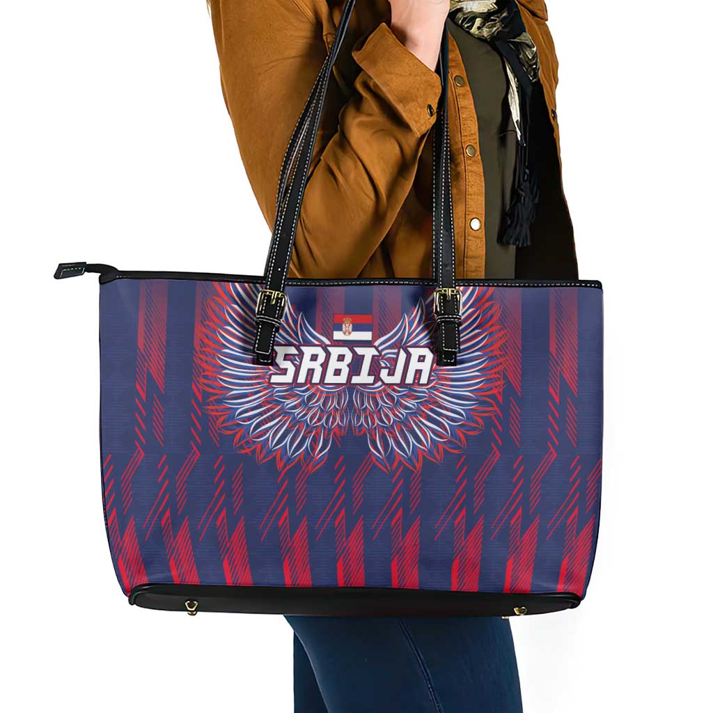 Serbia Sport Fan Jersey Leather Tote Bag Eagle Wings with Sporty Stripes Style - Wonder Print Shop