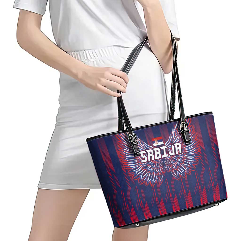 Serbia Sport Fan Jersey Leather Tote Bag Eagle Wings with Sporty Stripes Style - Wonder Print Shop
