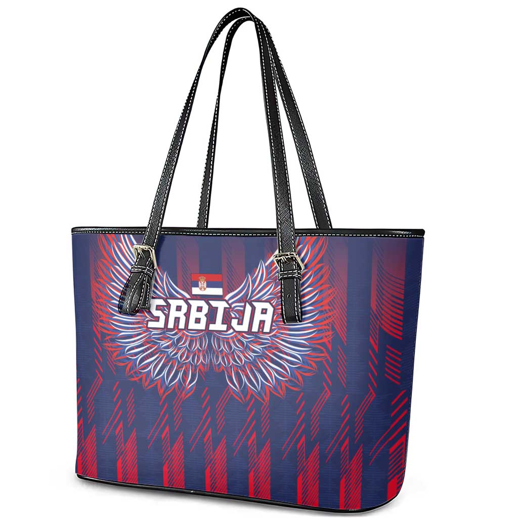 Serbia Sport Fan Jersey Leather Tote Bag Eagle Wings with Sporty Stripes Style - Wonder Print Shop