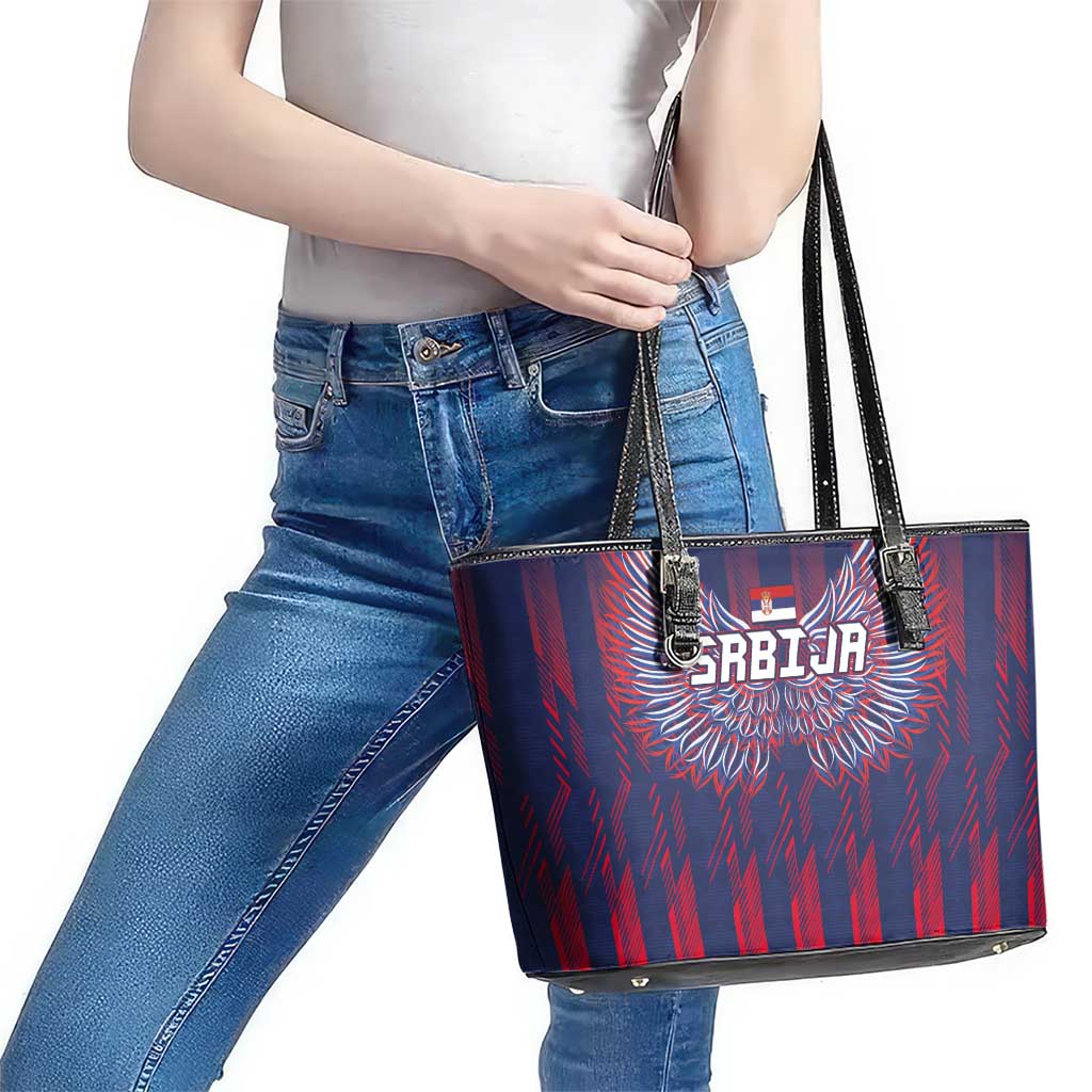 Serbia Sport Fan Jersey Leather Tote Bag Eagle Wings with Sporty Stripes Style - Wonder Print Shop