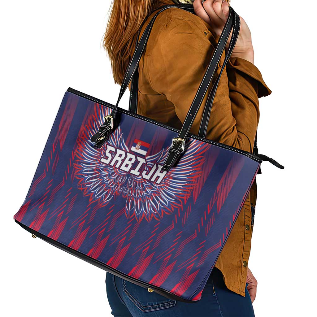 Serbia Sport Fan Jersey Leather Tote Bag Eagle Wings with Sporty Stripes Style - Wonder Print Shop