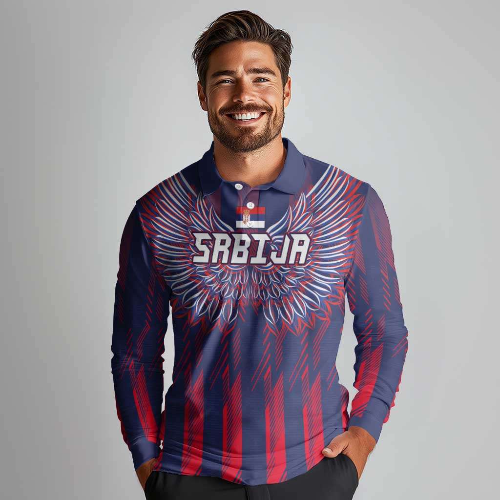 Custom Serbia Sport Fan Jersey Long Sleeve Polo Shirt Eagle Wings with Sporty Stripes Style - Wonder Print Shop