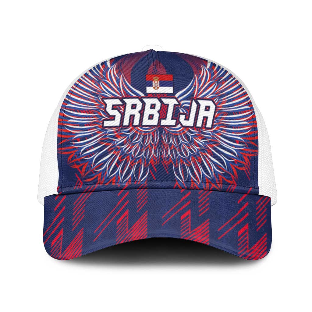 Serbia Sport Fan Jersey Mesh Trucker Cap Eagle Wings with Sporty Stripes Style - Wonder Print Shop