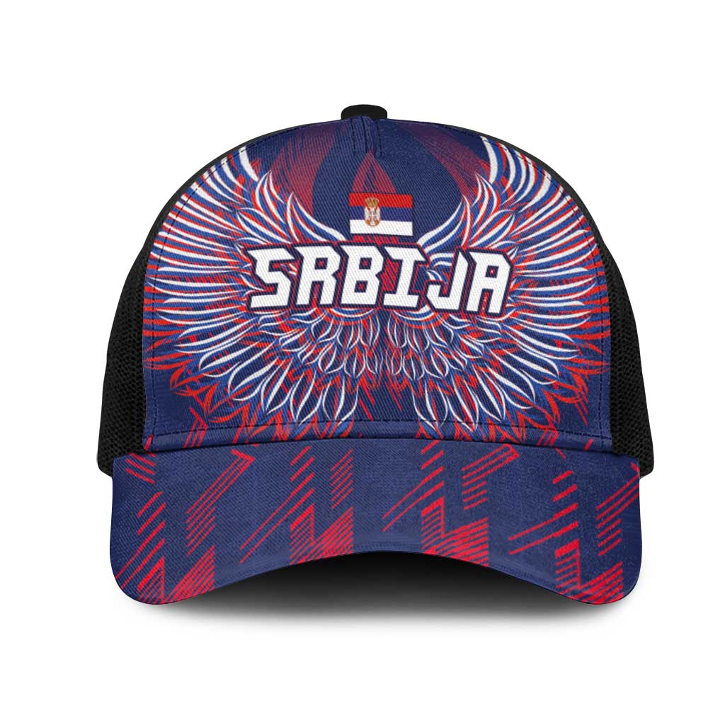 Serbia Sport Fan Jersey Mesh Trucker Cap Eagle Wings with Sporty Stripes Style - Wonder Print Shop