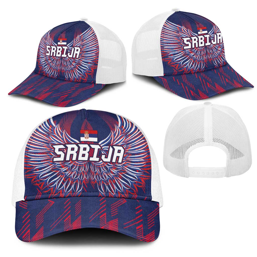 Serbia Sport Fan Jersey Mesh Trucker Cap Eagle Wings with Sporty Stripes Style - Wonder Print Shop