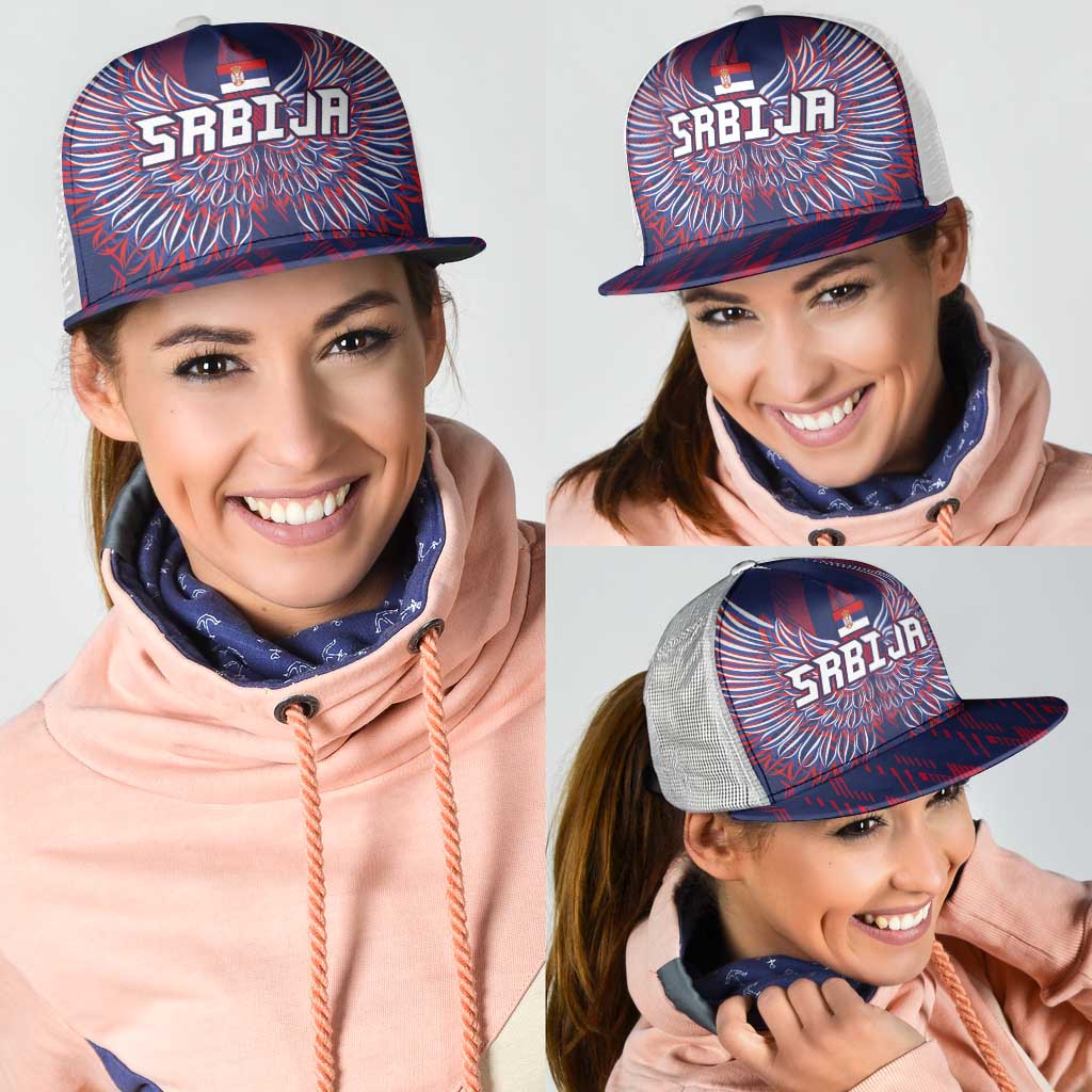 Serbia Sport Fan Jersey Mesh Trucker Cap Eagle Wings with Sporty Stripes Style - Wonder Print Shop