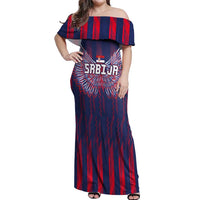 Custom Serbia Sport Fan Jersey Off Shoulder Maxi Dress Eagle Wings with Sporty Stripes Style - Wonder Print Shop