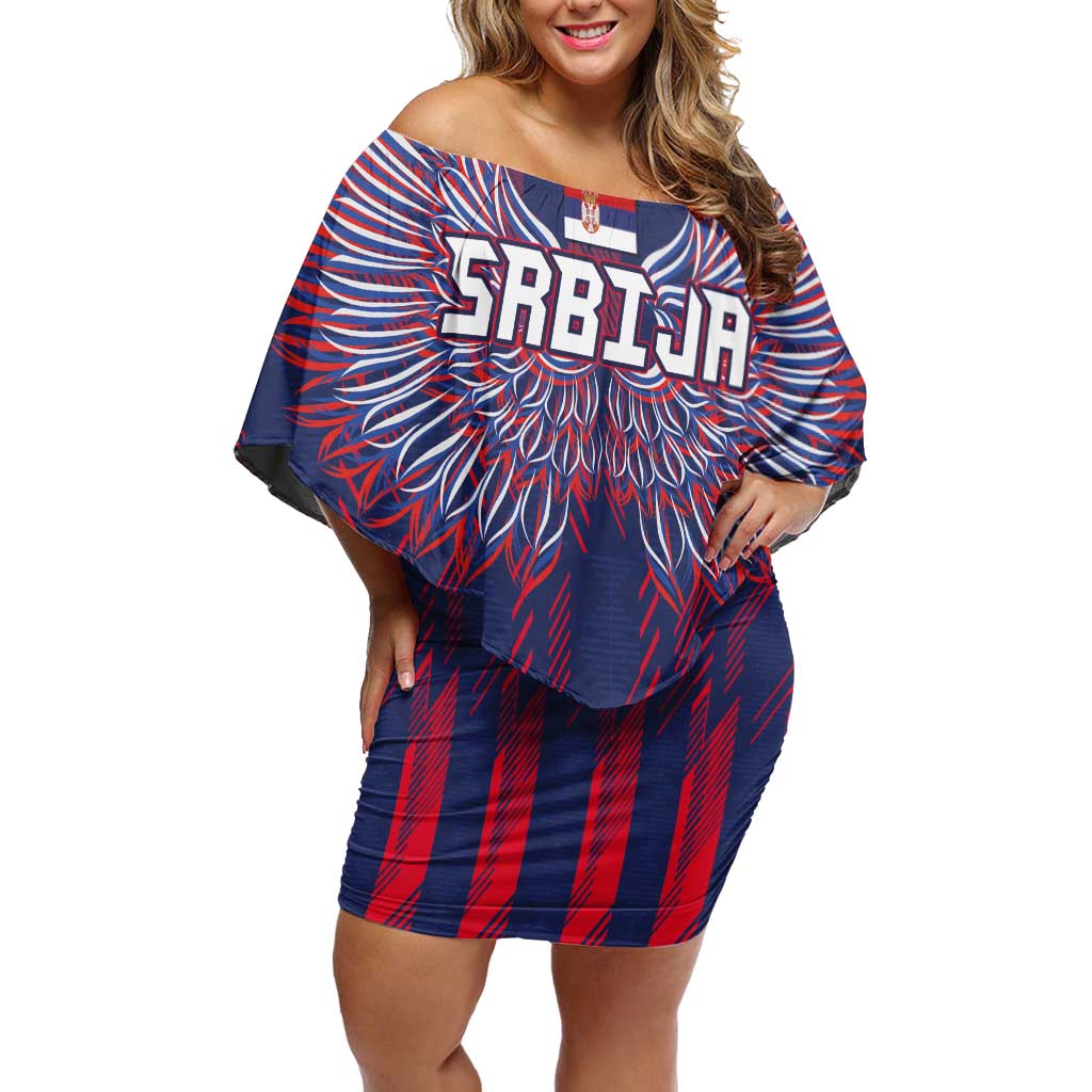 Custom Serbia Sport Fan Jersey Off Shoulder Short Dress Eagle Wings with Sporty Stripes Style - Wonder Print Shop