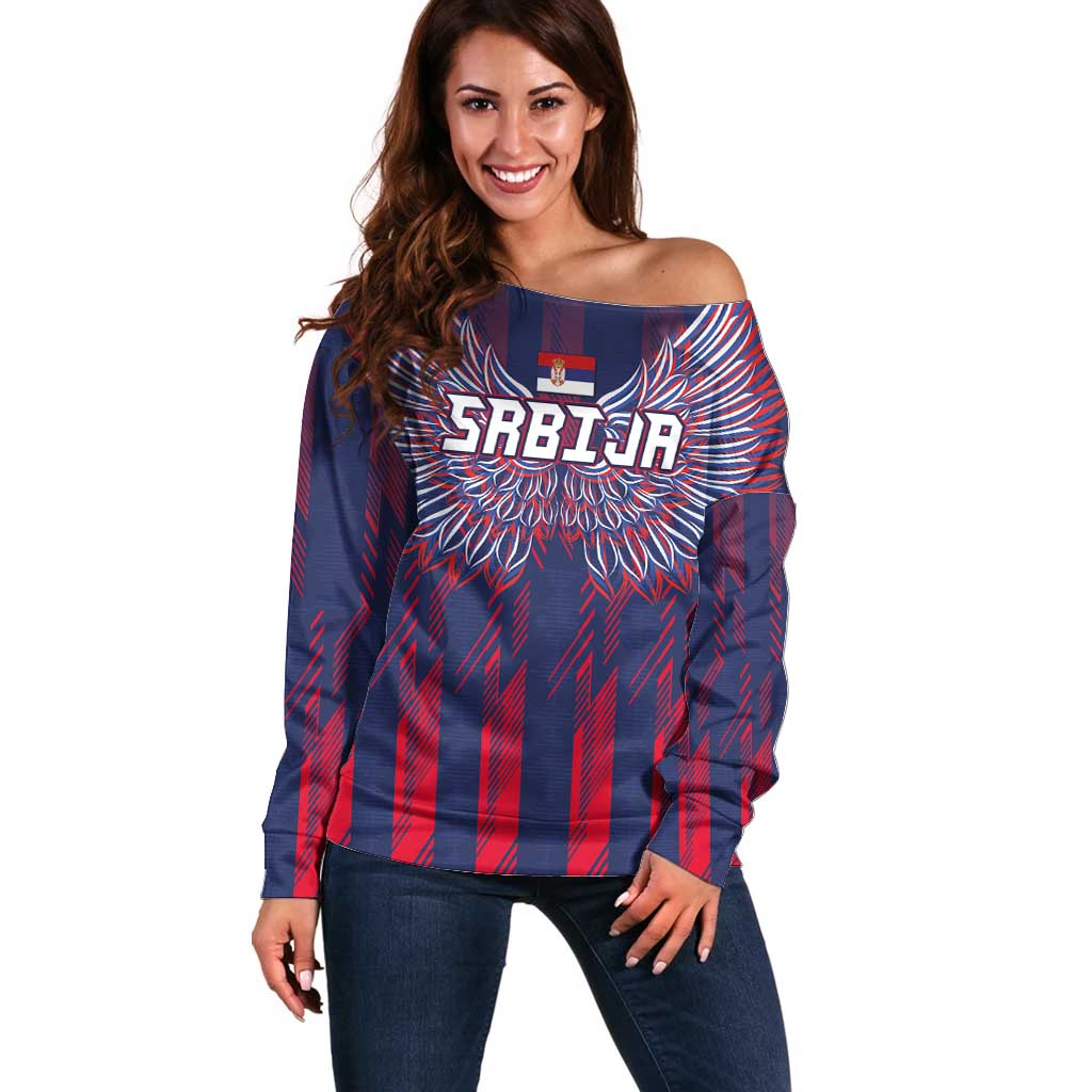 Custom Serbia Sport Fan Jersey Off Shoulder Sweater Eagle Wings with Sporty Stripes Style - Wonder Print Shop