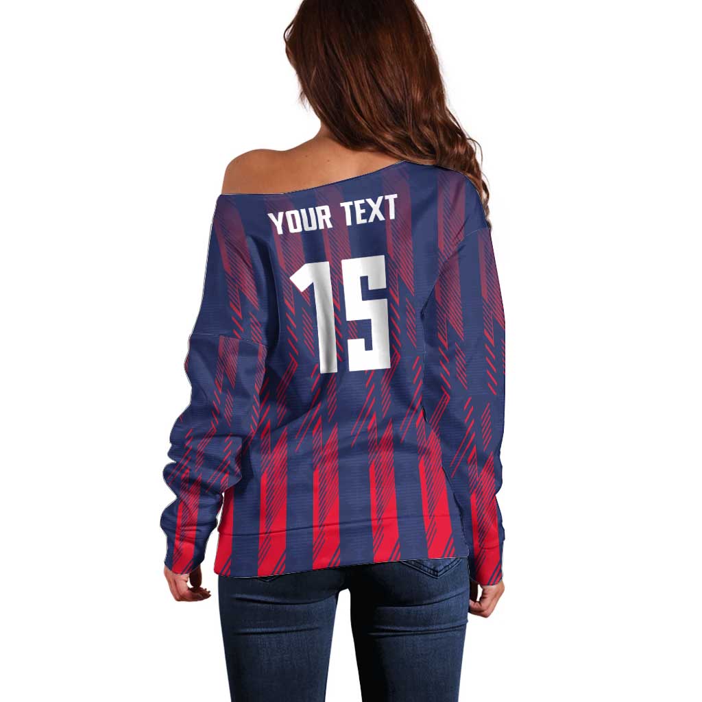Custom Serbia Sport Fan Jersey Off Shoulder Sweater Eagle Wings with Sporty Stripes Style - Wonder Print Shop