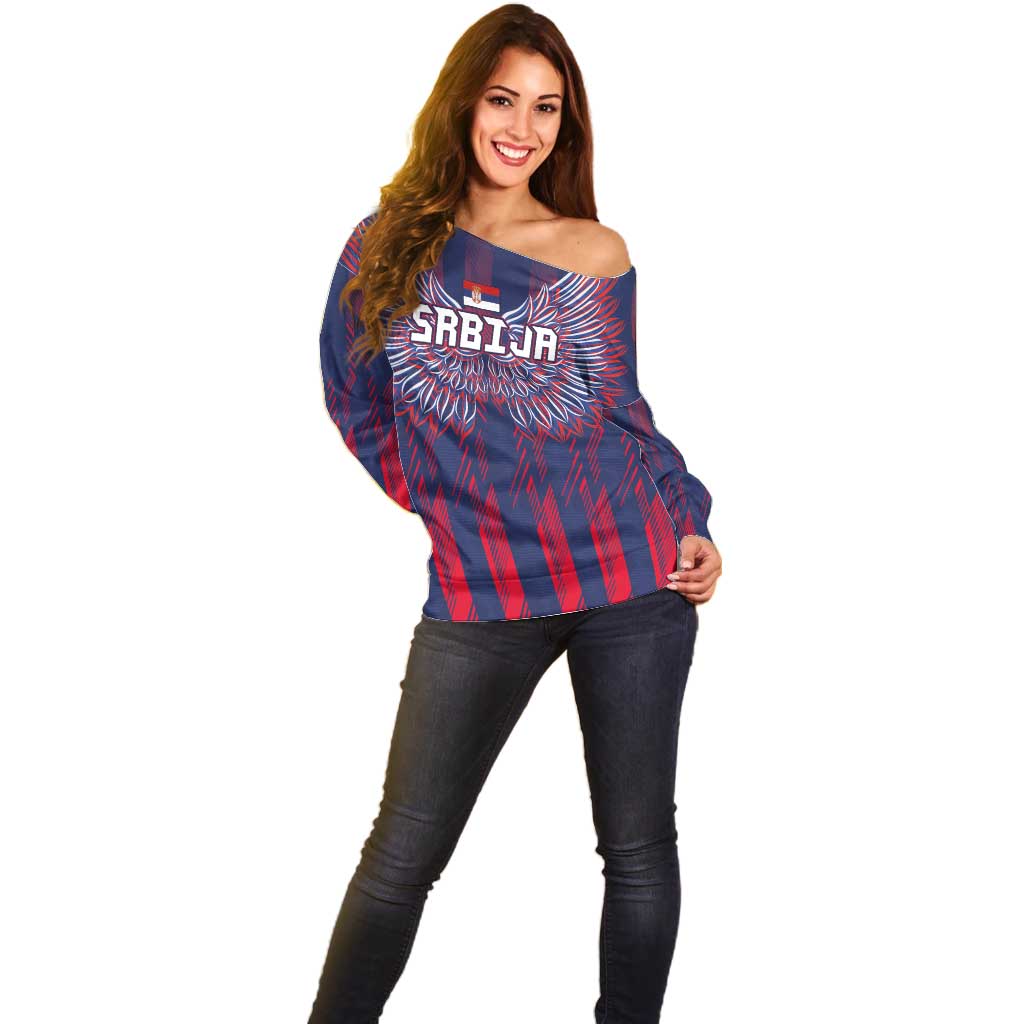 Custom Serbia Sport Fan Jersey Off Shoulder Sweater Eagle Wings with Sporty Stripes Style - Wonder Print Shop