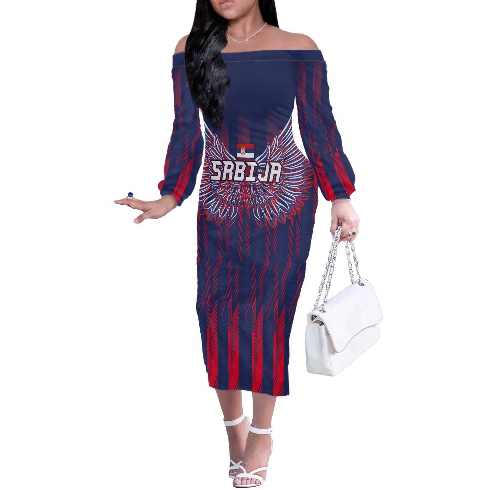 Custom Serbia Sport Fan Jersey Off The Shoulder Long Sleeve Dress Eagle Wings with Sporty Stripes Style - Wonder Print Shop