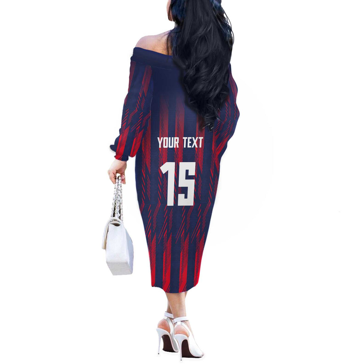 Custom Serbia Sport Fan Jersey Off The Shoulder Long Sleeve Dress Eagle Wings with Sporty Stripes Style - Wonder Print Shop