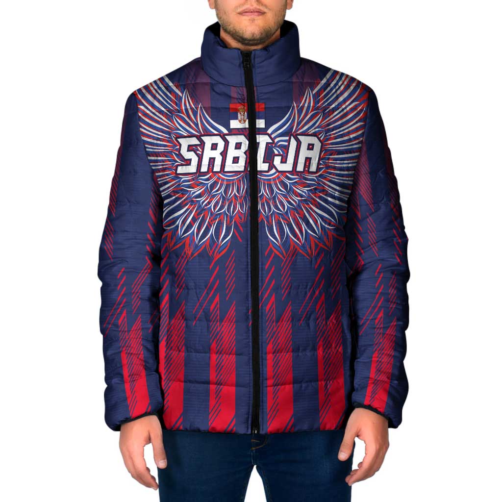 Custom Serbia Sport Fan Jersey Padded Jacket Eagle Wings with Sporty Stripes Style - Wonder Print Shop