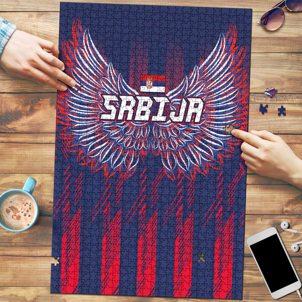 Serbia Sport Fan Jersey Puzzle Eagle Wings with Sporty Stripes Style - Wonder Print Shop