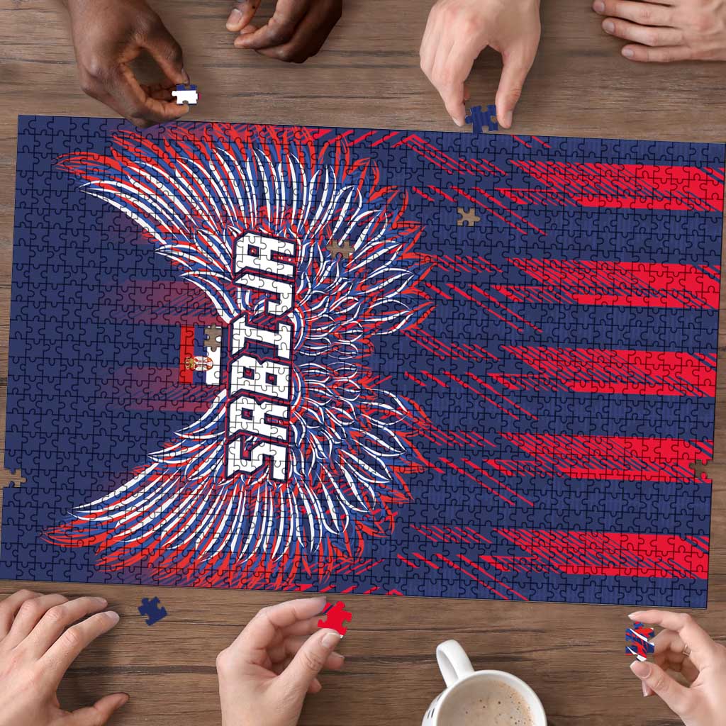 Serbia Sport Fan Jersey Puzzle Eagle Wings with Sporty Stripes Style - Wonder Print Shop