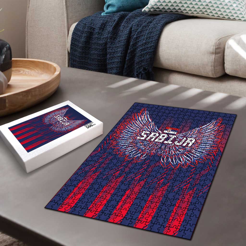 Serbia Sport Fan Jersey Puzzle Eagle Wings with Sporty Stripes Style - Wonder Print Shop
