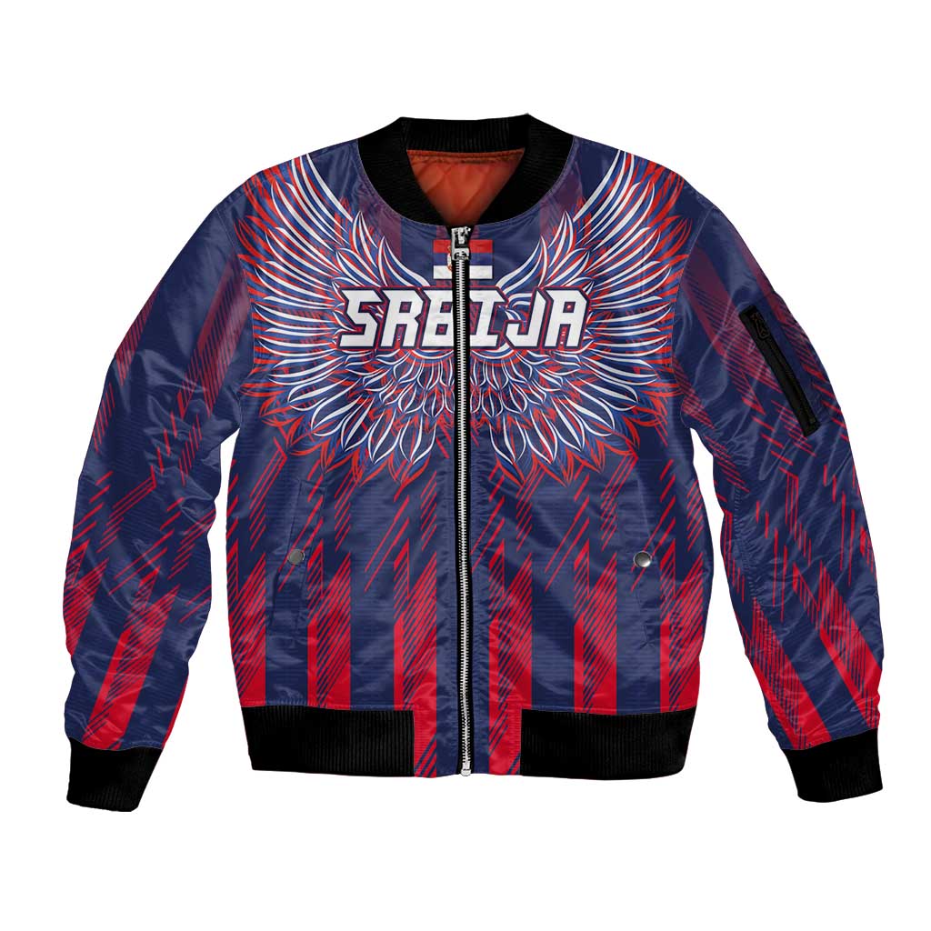 Custom Serbia Sport Fan Jersey Sleeve Zip Bomber Jacket Eagle Wings with Sporty Stripes Style - Wonder Print Shop