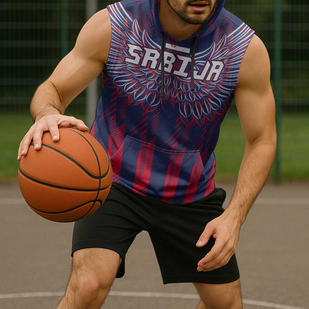 Custom Serbia Sport Fan Jersey Sleeveless Hoodie Eagle Wings with Sporty Stripes Style - Wonder Print Shop