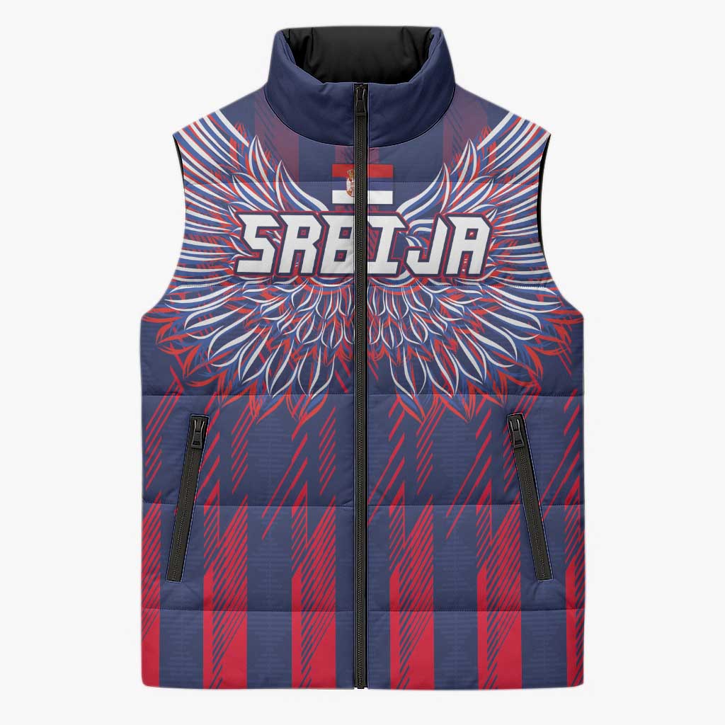 Custom Serbia Sport Fan Jersey Sleeveless Puffer Jacket Eagle Wings with Sporty Stripes Style - Wonder Print Shop