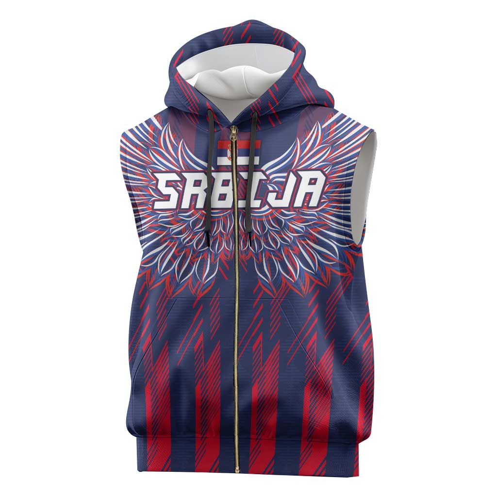 Custom Serbia Sport Fan Jersey Sleeveless Zip Hoodie Eagle Wings with Sporty Stripes Style - Wonder Print Shop