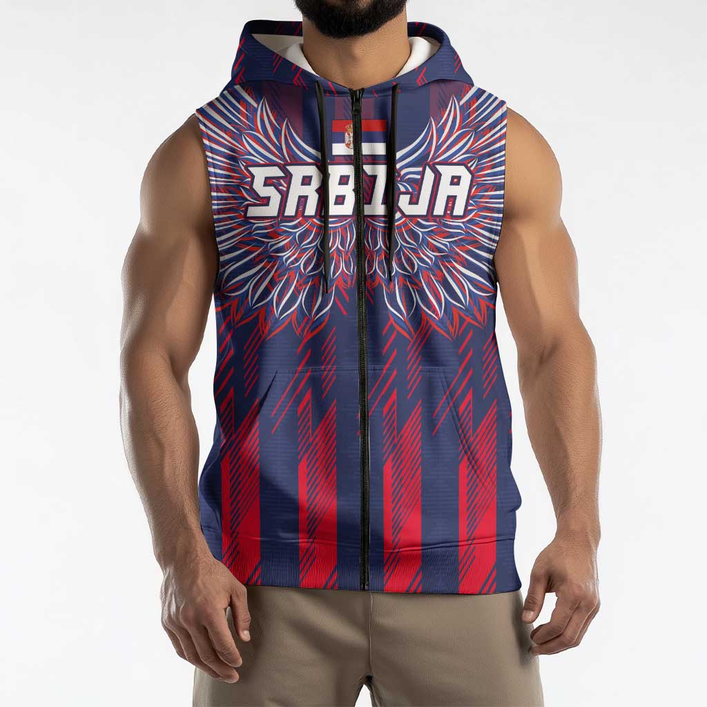 Custom Serbia Sport Fan Jersey Sleeveless Zip Hoodie Eagle Wings with Sporty Stripes Style - Wonder Print Shop