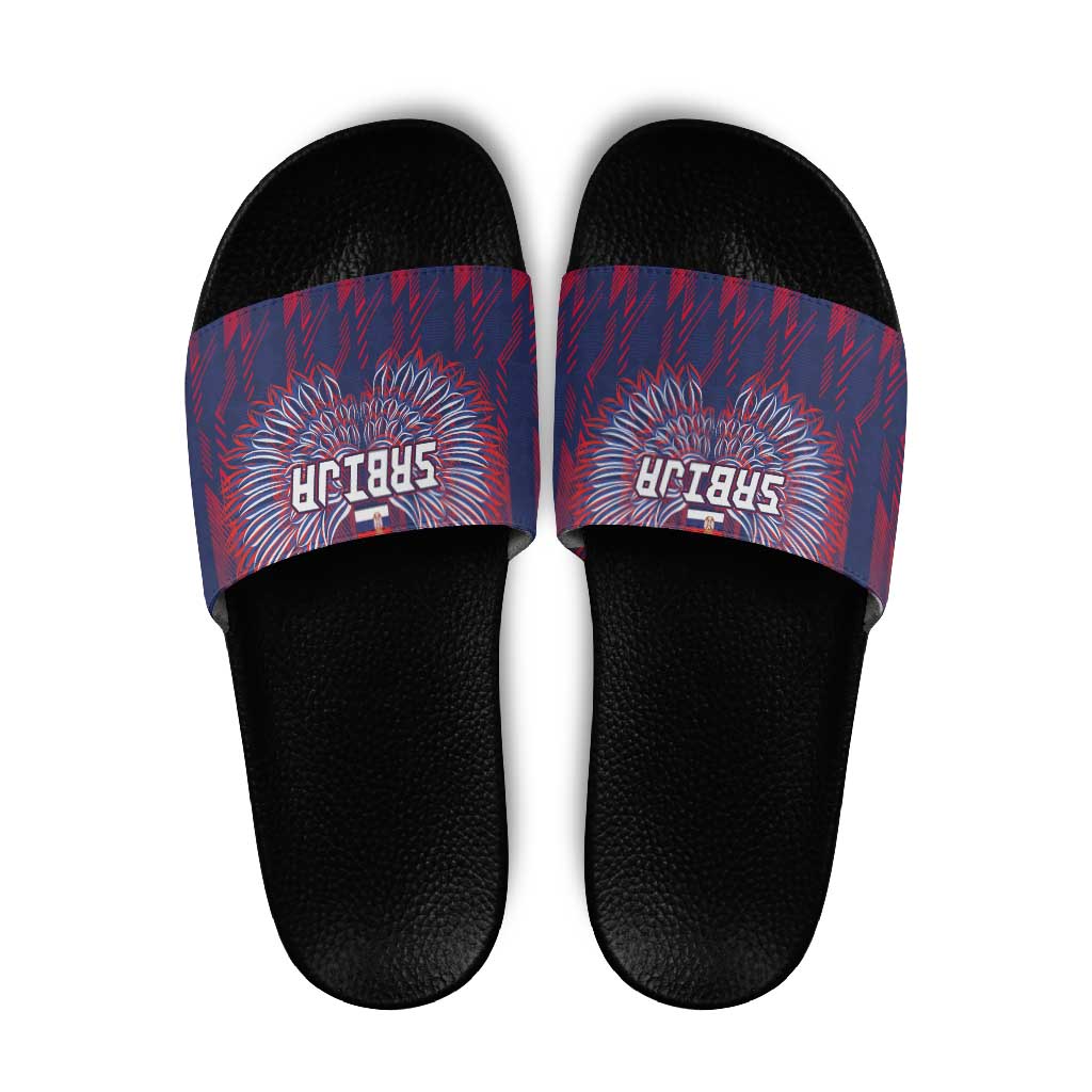 Serbia Sport Fan Jersey Slide Sandals Eagle Wings with Sporty Stripes Style - Wonder Print Shop