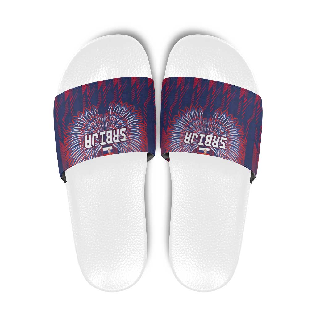 Serbia Sport Fan Jersey Slide Sandals Eagle Wings with Sporty Stripes Style - Wonder Print Shop