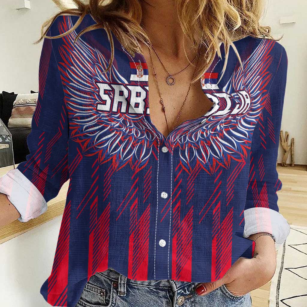 Custom Serbia Sport Fan Jersey Women Casual Shirt Eagle Wings with Sporty Stripes Style - Wonder Print Shop