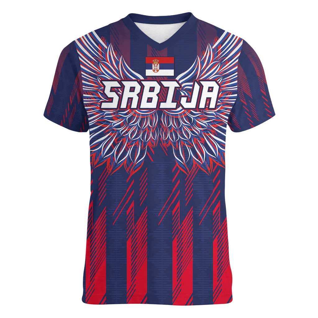 Custom Serbia Sport Fan Jersey Women V-Neck T-Shirt Eagle Wings with Sporty Stripes Style - Wonder Print Shop