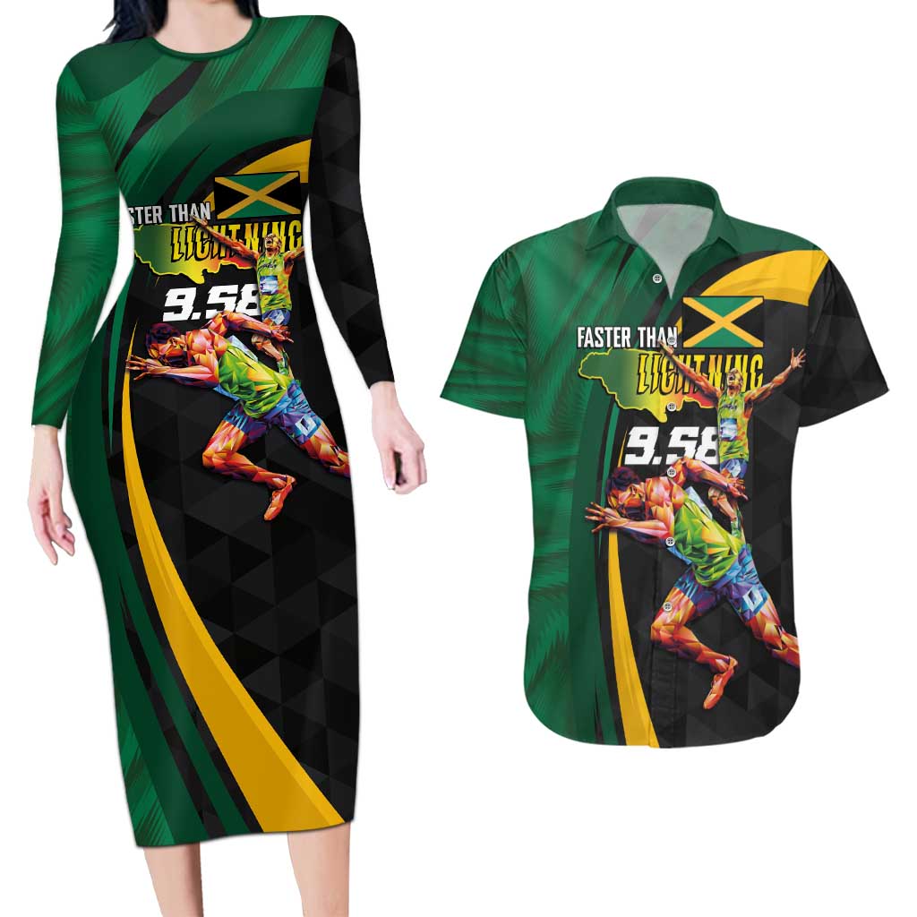 Jamaican Pride Couples Matching Long Sleeve Bodycon Dress and Hawaiian Shirt 9.58 Seconds-Faster Than Lightning - Wonder Print Shop