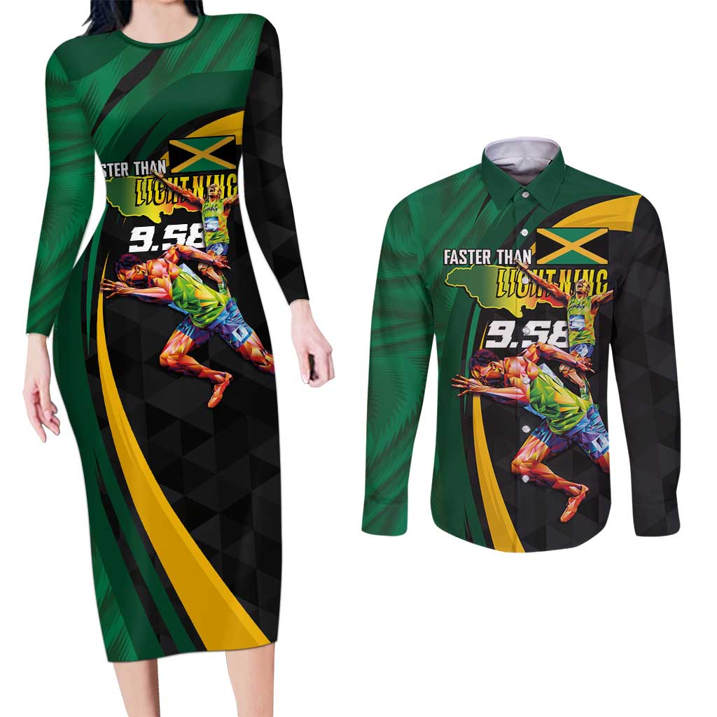 Jamaican Pride Couples Matching Long Sleeve Bodycon Dress and Long Sleeve Button Shirt 9.58 Seconds-Faster Than Lightning - Wonder Print Shop