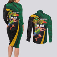 Jamaican Pride Couples Matching Long Sleeve Bodycon Dress and Long Sleeve Button Shirt 9.58 Seconds-Faster Than Lightning - Wonder Print Shop