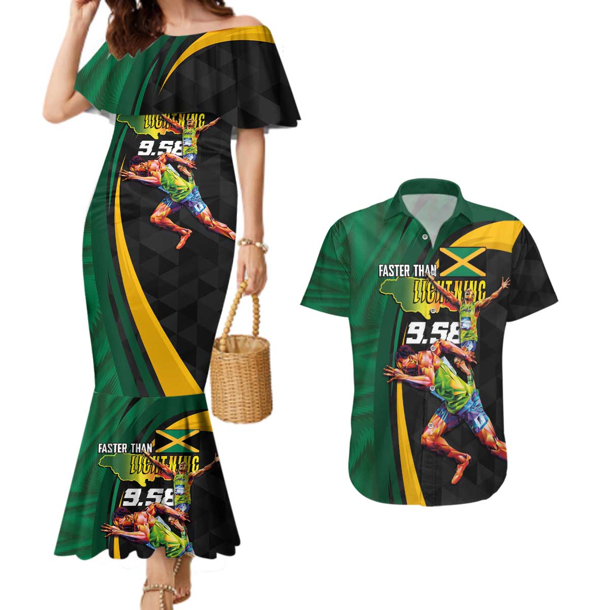 Jamaican Pride Couples Matching Mermaid Dress and Hawaiian Shirt 9.58 Seconds-Faster Than Lightning - Wonder Print Shop