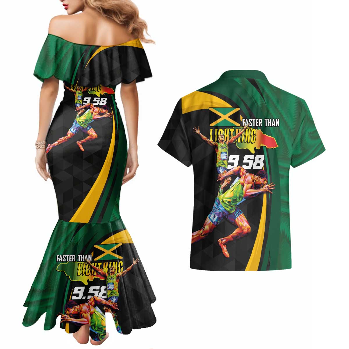 Jamaican Pride Couples Matching Mermaid Dress and Hawaiian Shirt 9.58 Seconds-Faster Than Lightning - Wonder Print Shop