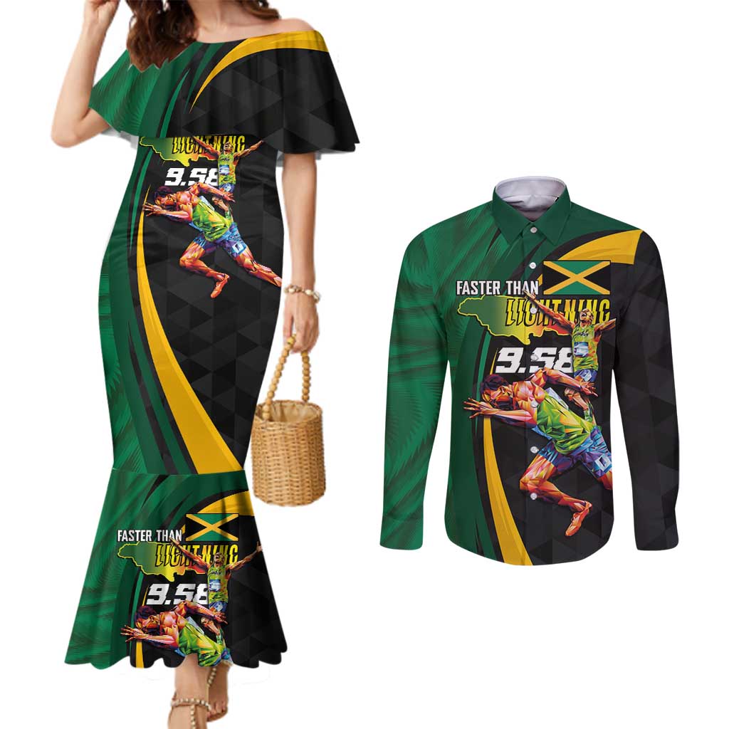 Jamaican Pride Couples Matching Mermaid Dress and Long Sleeve Button Shirt 9.58 Seconds-Faster Than Lightning - Wonder Print Shop